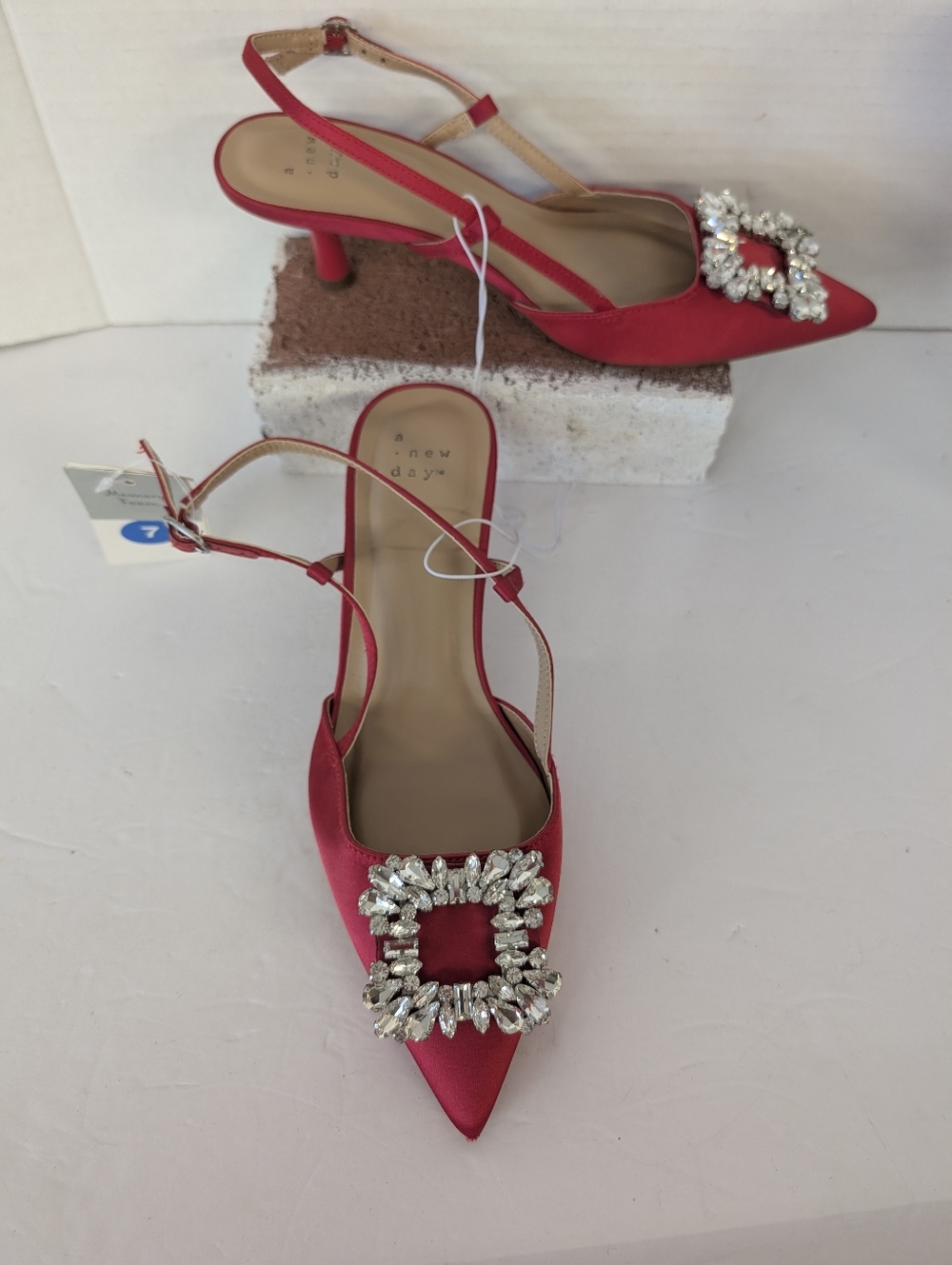 A New Day Red Satin Pointed-Toe Slingback Heels with Crystal Buckle NWT - Picture 2 of 5
